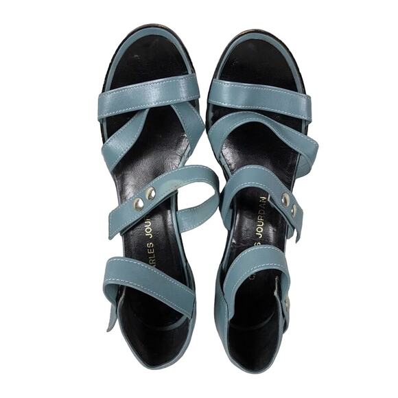 VINTAGE CHARLES JOURDAN Blue Leather Sandals Block Heels Italy 7.5 AA Narrow EUC - Picture 2 of 8